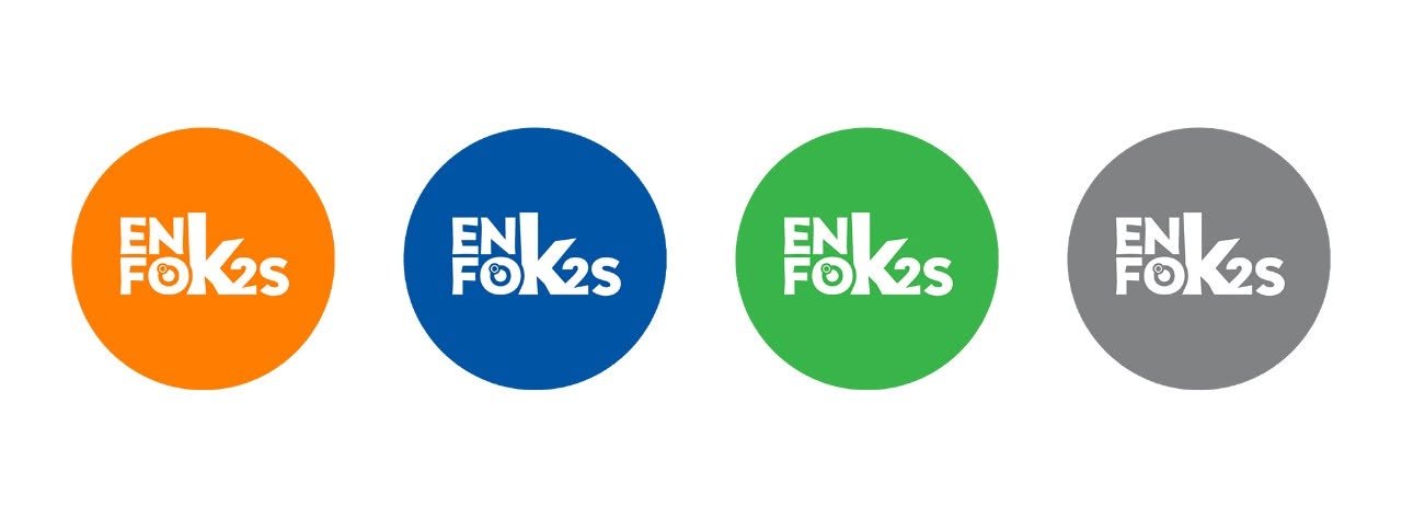 Identidad visual oficial de Enfok2s en colores naranja, azul, verde y gris